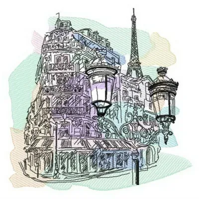 Paris embroidery design featuring iconic landmarks, ideal for stitching on tote bags, t-shirts, or pillows.
