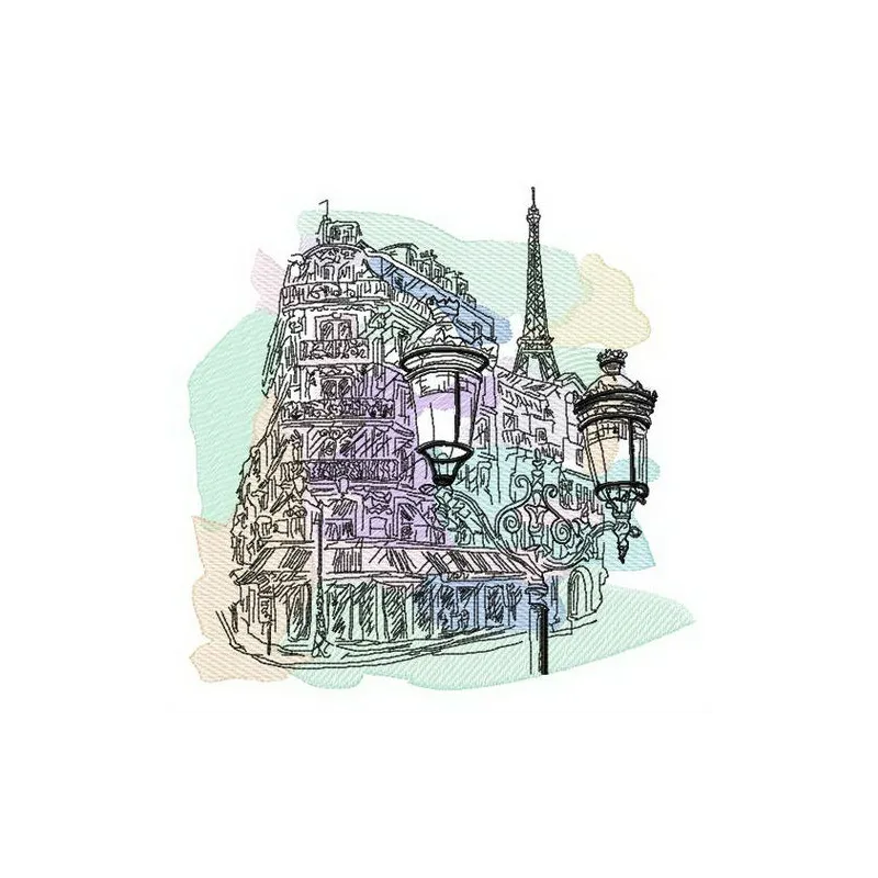 Paris embroidery design featuring iconic landmarks, ideal for stitching on tote bags, t-shirts, or pillows.