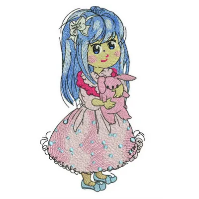 Embroidery design of a girl in a lush pink dress, showcasing intricate stitching patterns for creative projects.