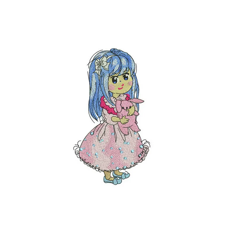Embroidery design of a girl in a lush pink dress, showcasing intricate stitching patterns for creative projects.