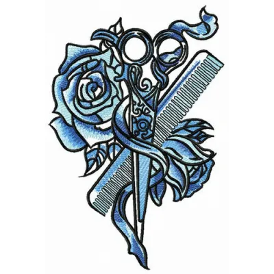 Preview of a female hairdresser embroidery design showcasing hair styling tools and creative motifs for hobbyists.