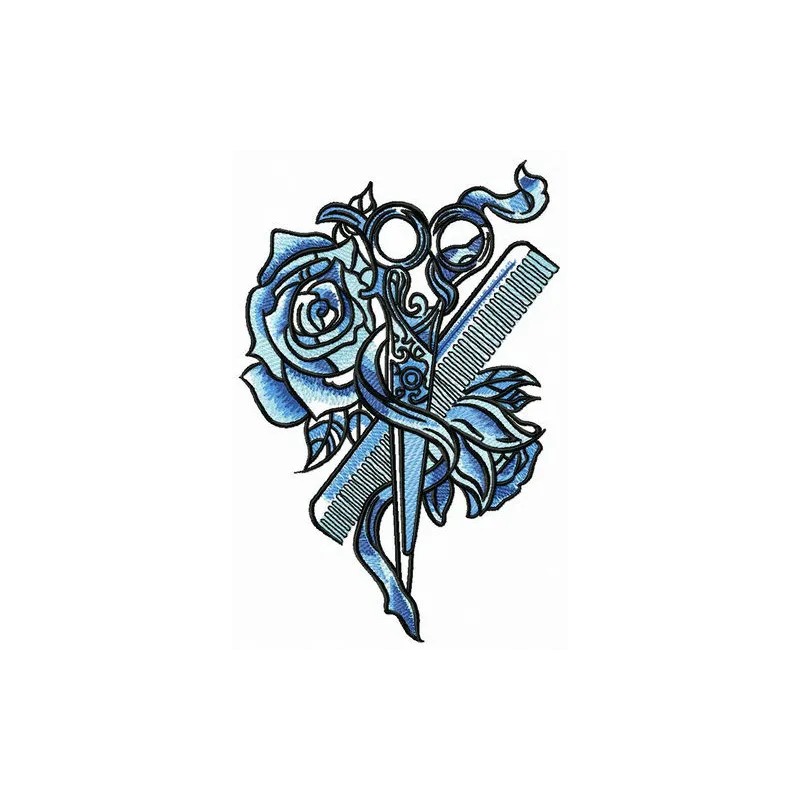 Preview of a female hairdresser embroidery design showcasing hair styling tools and creative motifs for hobbyists.