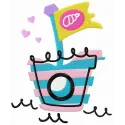 Sand castle embroidery design showcasing a whimsical beach scene, perfect for baby onesies and summer-themed projects.