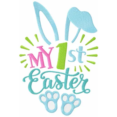 My 1st Easter embroidery design featuring a festive bunny and colorful eggs, ideal for baby onesies and Easter gifts.