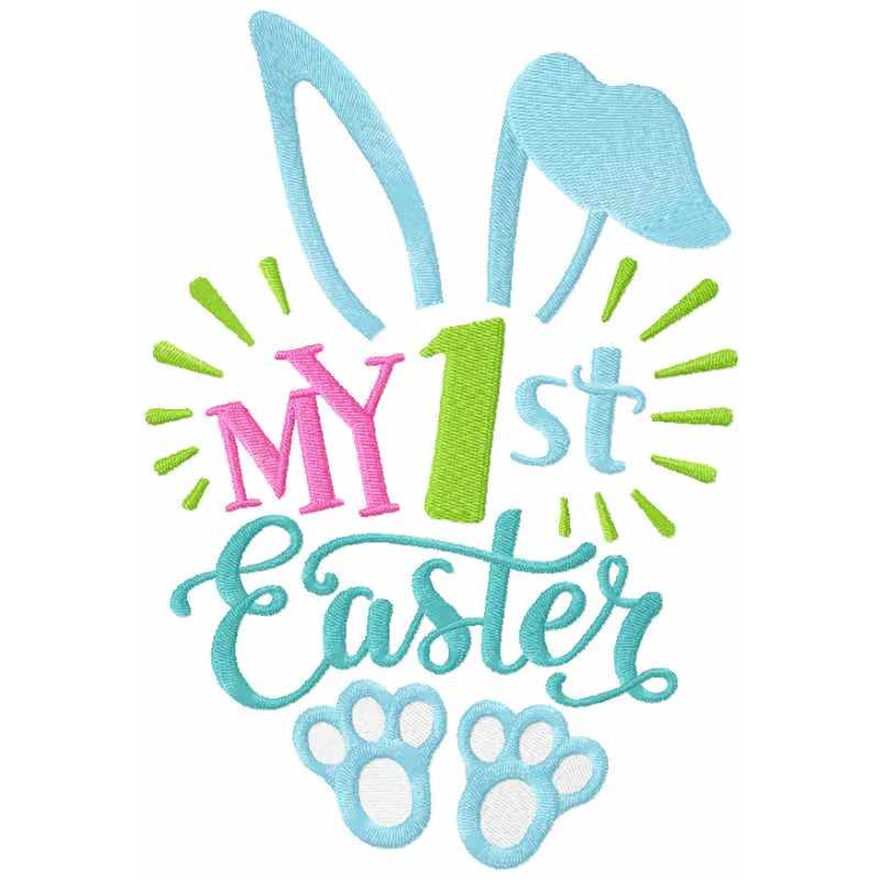 My 1st Easter embroidery design featuring a festive bunny and colorful eggs, ideal for baby onesies and Easter gifts.