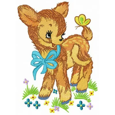 Kind fawn embroidery design featuring a gentle woodland animal motif, perfect for stitching on apparel or home decor.