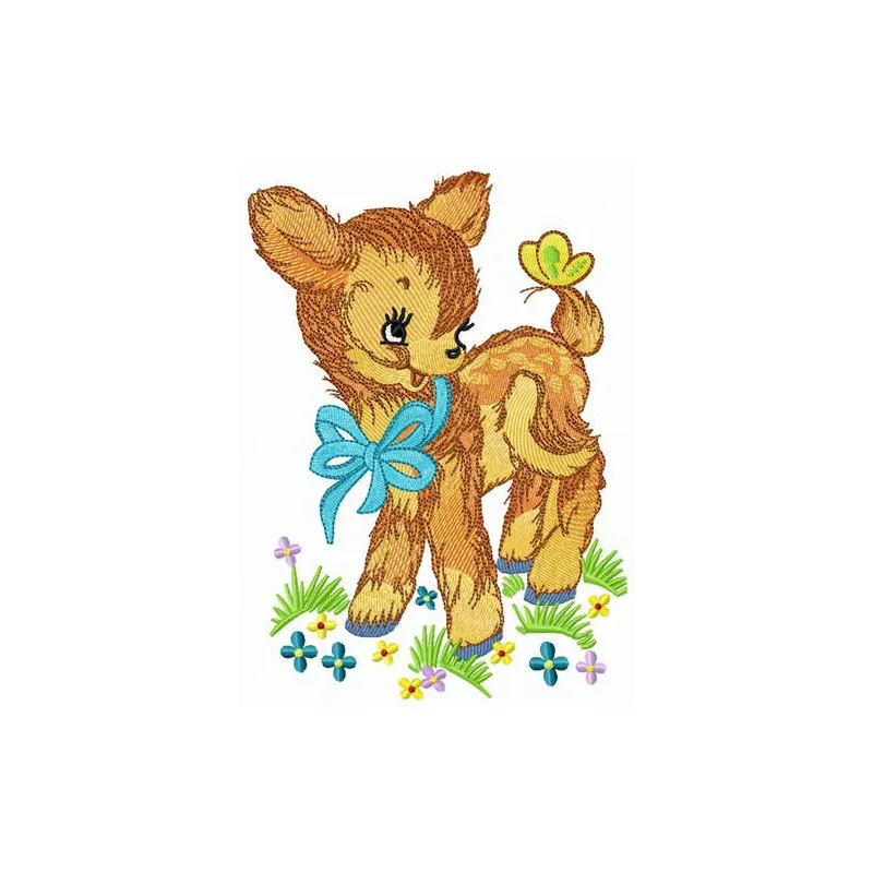 Kind fawn embroidery design featuring a gentle woodland animal motif, perfect for stitching on apparel or home decor.