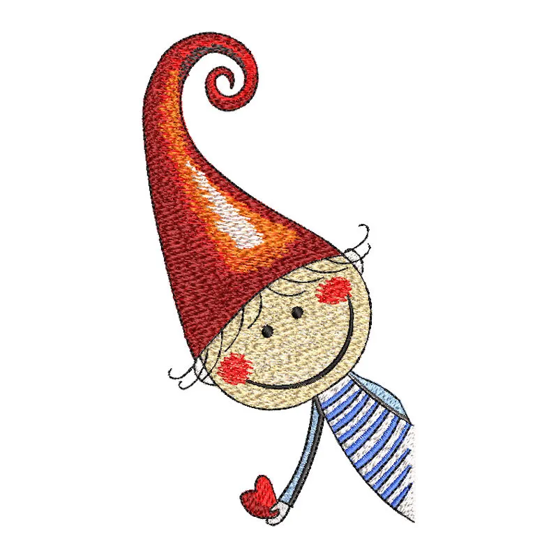Mischievous elf embroidery design featuring playful details, perfect for embellishing t-shirts and tote bags.