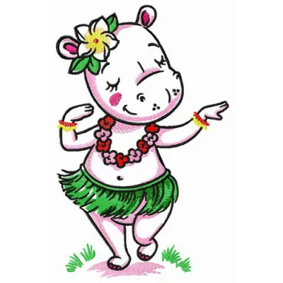 Hippo dancing hula embroidery design featuring a whimsical hippo in a vibrant hula skirt, perfect for creative projects.