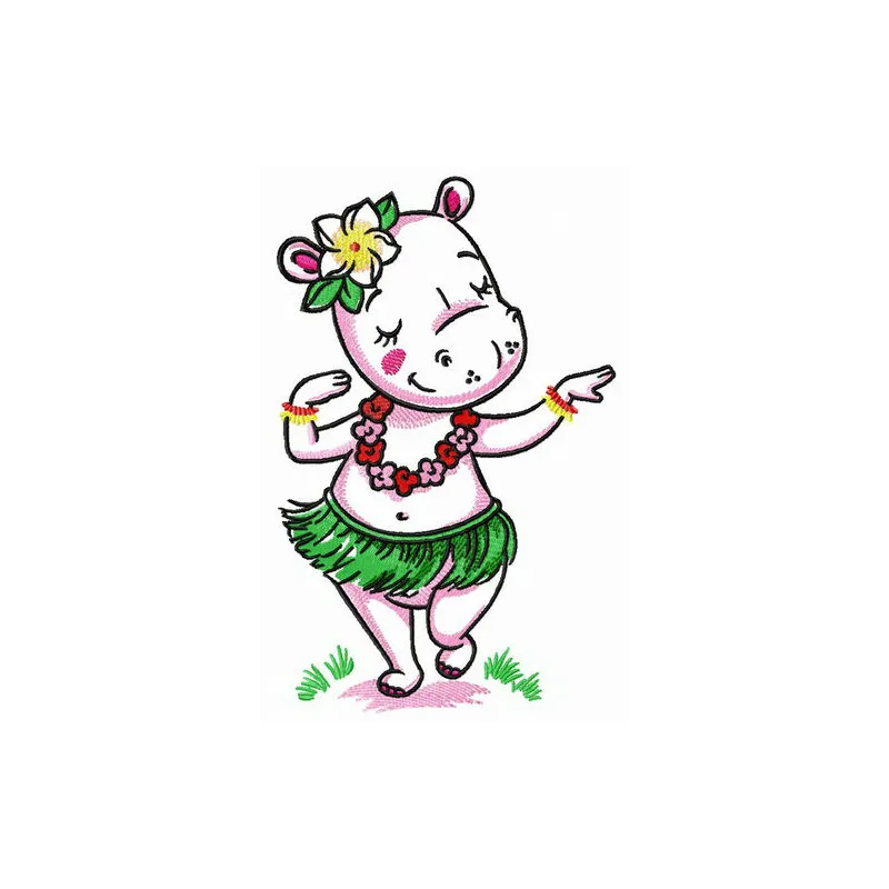 Hippo dancing hula embroidery design featuring a whimsical hippo in a vibrant hula skirt, perfect for creative projects.