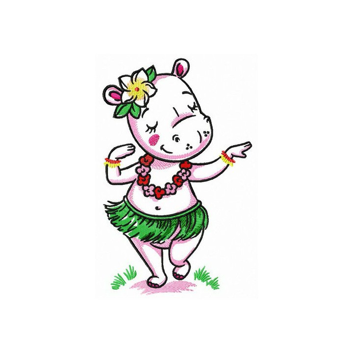 Hippo dancing hula embroidery design - Embroidery Design
