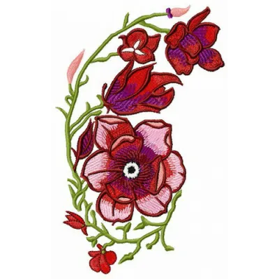 Red and purple swirl flowers embroidery design showcasing intricate floral motifs for creative stitching projects.