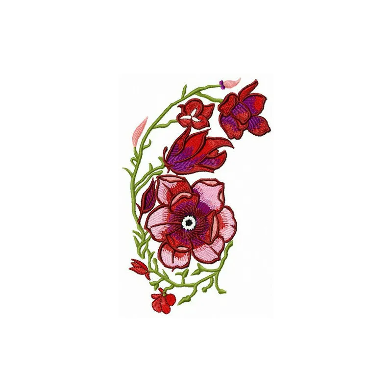 Red and purple swirl flowers embroidery design showcasing intricate floral motifs for creative stitching projects.