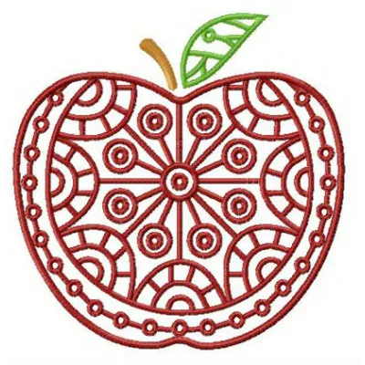 Apple embroidery design featuring a circle ornament, perfect for embellishing t-shirts, tote bags, or pillows.
