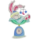 Bunny weighing embroidery design featuring a playful bunny on a scale, perfect for stitching on baby onesies and pillows.