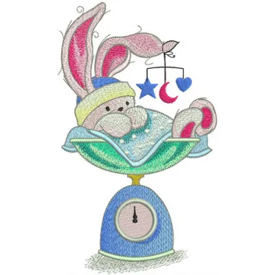 Bunny weighing embroidery design featuring a playful bunny on a scale, perfect for stitching on baby onesies and pillows.