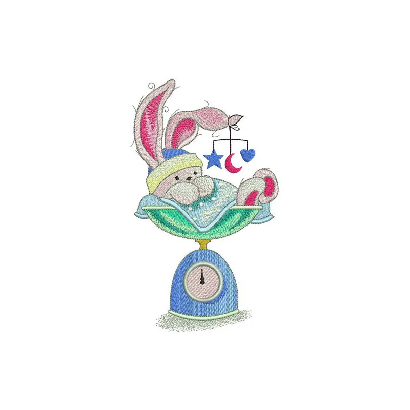 Bunny weighing embroidery design featuring a playful bunny on a scale, perfect for stitching on baby onesies and pillows.