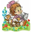 Playing on the meadow embroidery design showcasing a whimsical scene for girls and women, perfect for various projects.