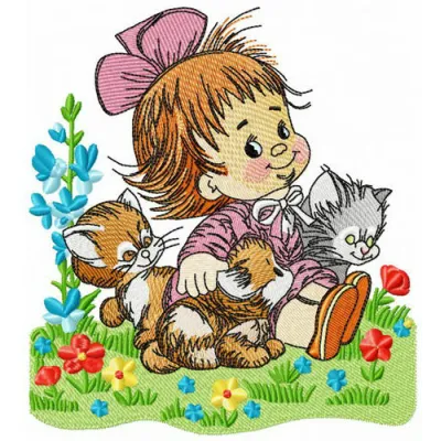 Playing on the meadow embroidery design showcasing a whimsical scene for girls and women, perfect for various projects.