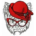 Embroidery design of a terrier wearing a red hat, ideal for stitching on t-shirts or tote bags.