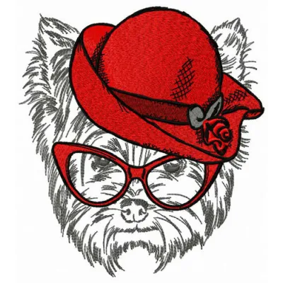 Embroidery design of a terrier wearing a red hat, ideal for stitching on t-shirts or tote bags.