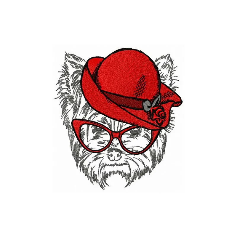 Embroidery design of a terrier wearing a red hat, ideal for stitching on t-shirts or tote bags.
