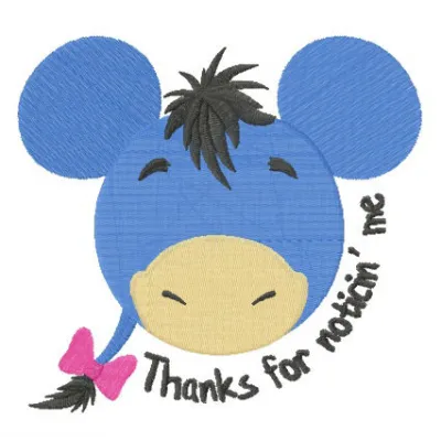 Preview of the 'Thanks for noticin' me' embroidery design featuring Tigger, Eeyore, Piglet, and Heffalump motifs.
