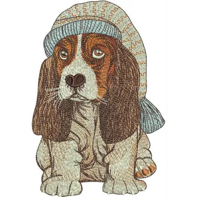 Cocker Spaniel in nightcap embroidery design featuring a charming dog motif for creative stitching projects.