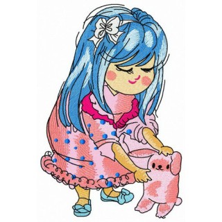 Bluehaired girl with pink bunny embroidery design - Embroidery Design