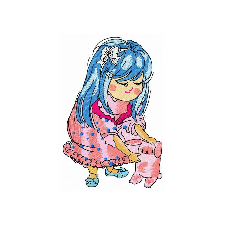 Bluehaired girl with pink bunny embroidery design - Embroidery Design