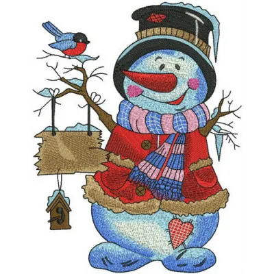 Amiable snowman embroidery design showcasing a cheerful snowman, perfect for winter-themed stitching projects.