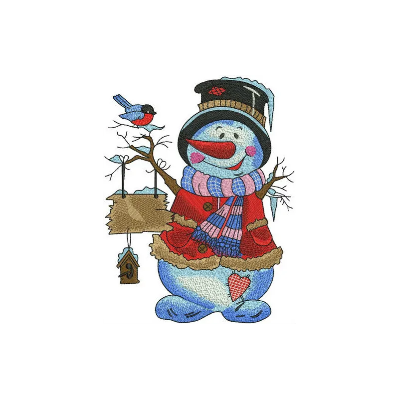 Amiable snowman embroidery design showcasing a cheerful snowman, perfect for winter-themed stitching projects.