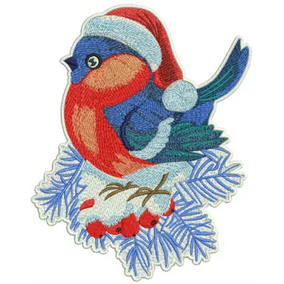 Birdie on snowy rowan embroidery design showcasing a charming bird perched on a snow-covered rowan branch.