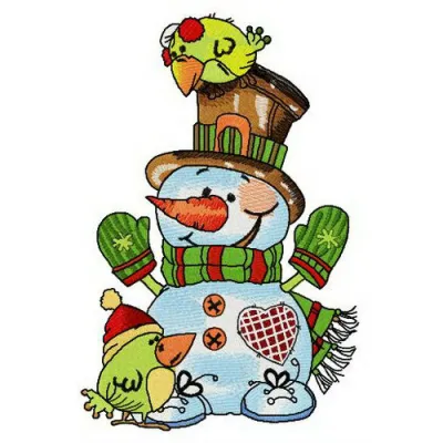 Snowman embroidery design featuring a couple of green birdies, perfect for winter-themed projects.