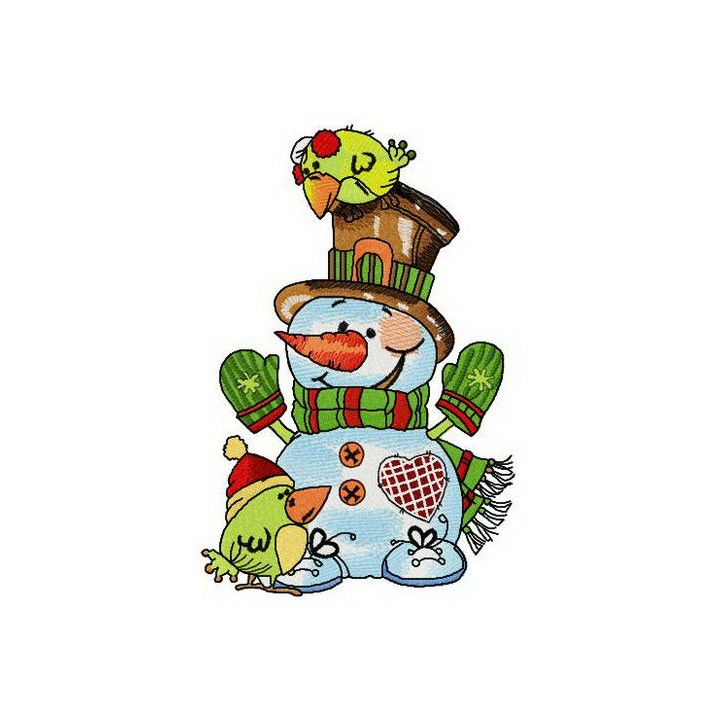 Snowman with couple of green birdies embroidery design - Embroidery Design