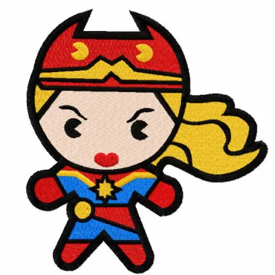Chibi Captain Marvel embroidery design showcasing a playful superhero motif for creative stitching projects.