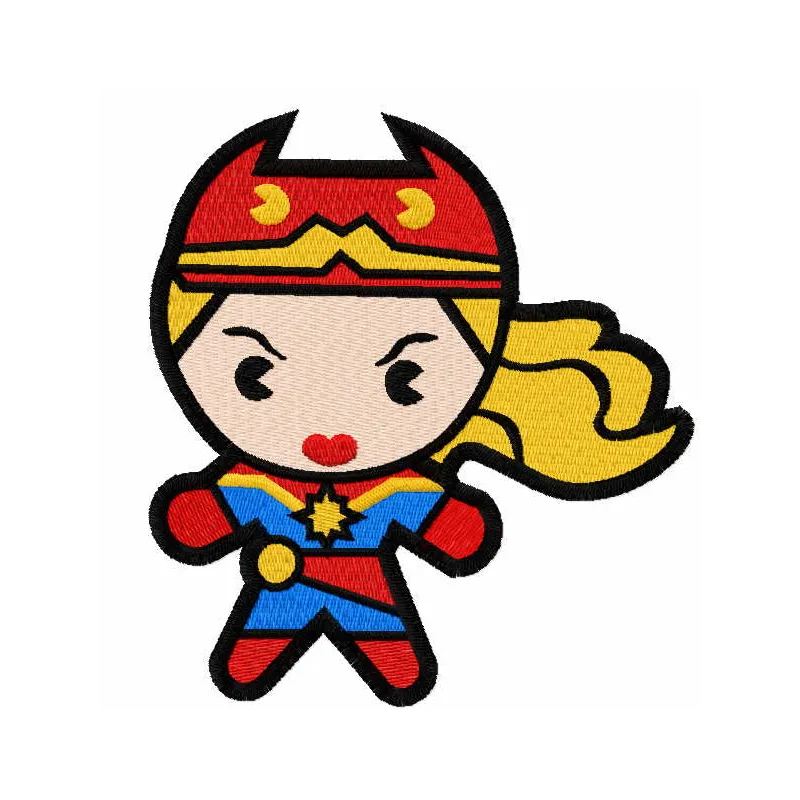 Chibi Captain Marvel embroidery design showcasing a playful superhero motif for creative stitching projects.