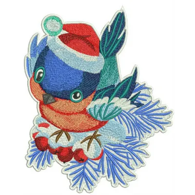 Curious bullfinch embroidery design showcasing a vibrant bird motif on fabric, perfect for nature-inspired projects.