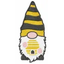 Gnome with beehive embroidery design showcasing a whimsical gnome surrounded by bees and flowers.
