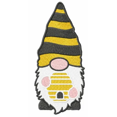 Gnome with beehive embroidery design showcasing a whimsical gnome surrounded by bees and flowers.