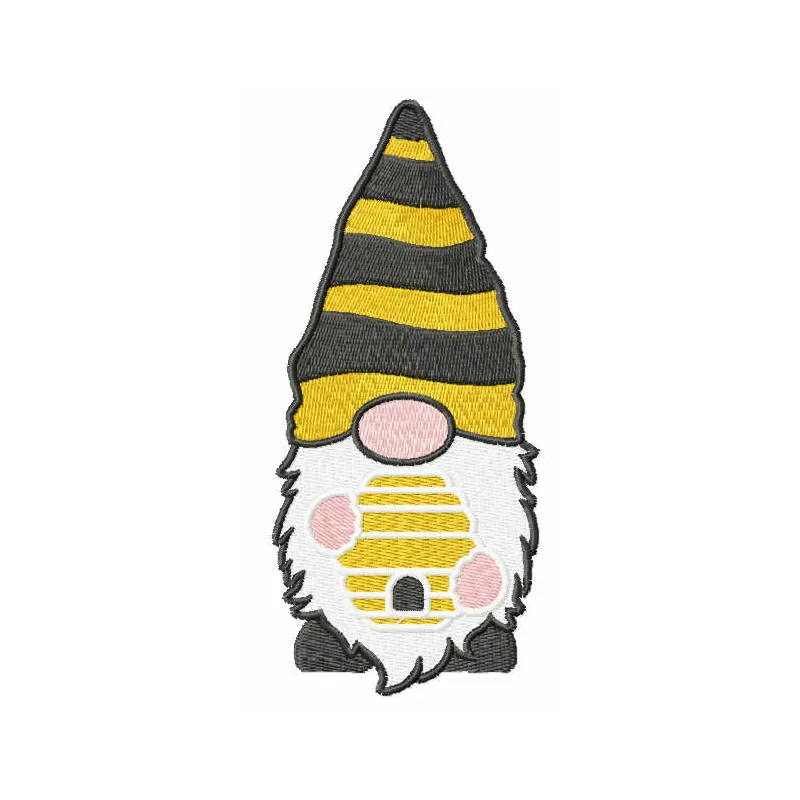 Gnome with beehive embroidery design showcasing a whimsical gnome surrounded by bees and flowers.