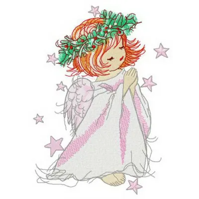 Angel with holly wreath embroidery design featuring a serene angel surrounded by festive greenery.