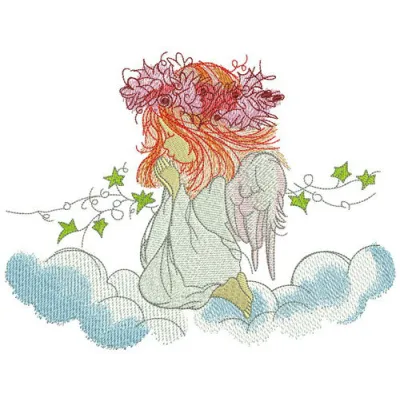 Preview of a praying angel embroidery design featuring delicate details, perfect for creating inspiring stitched motifs.
