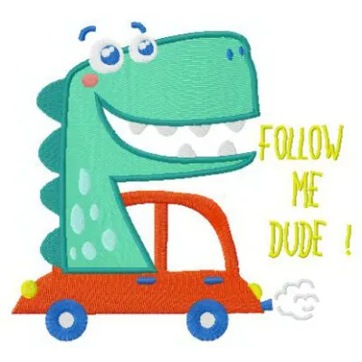 Preview of the 'Follow Me, Dude' embroidery design featuring playful dinosaur motifs for creative stitching projects.