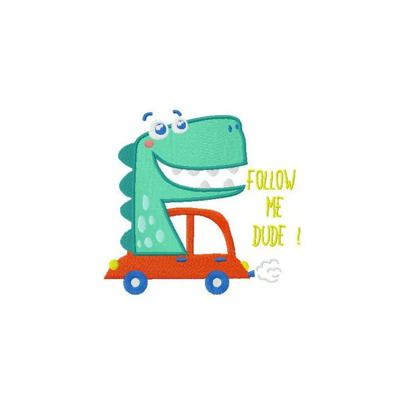 Preview of the 'Follow Me, Dude' embroidery design featuring playful dinosaur motifs for creative stitching projects.
