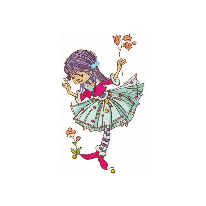 Cute elf collects flowers embroidery design - Embroidery Design