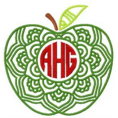 Embroidery design featuring an apple with letters, ideal for creative stitching on various fabric items.