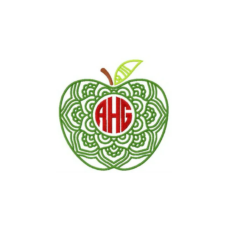Embroidery design featuring an apple with letters, ideal for creative stitching on various fabric items.