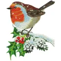 Embroidery design featuring a robin perched on a holly branch, showcasing vibrant colors and detailed stitching patterns.