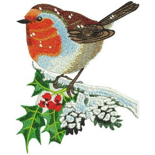 Robin on holly branch embroidery design - Embroidery Design